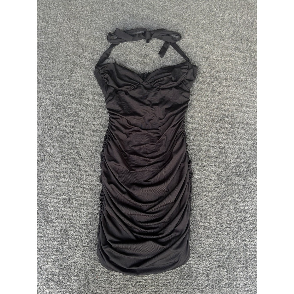 Princess Polly Ruched Halter Dress Women's 2 Black Back Zip Sweetheart Neck